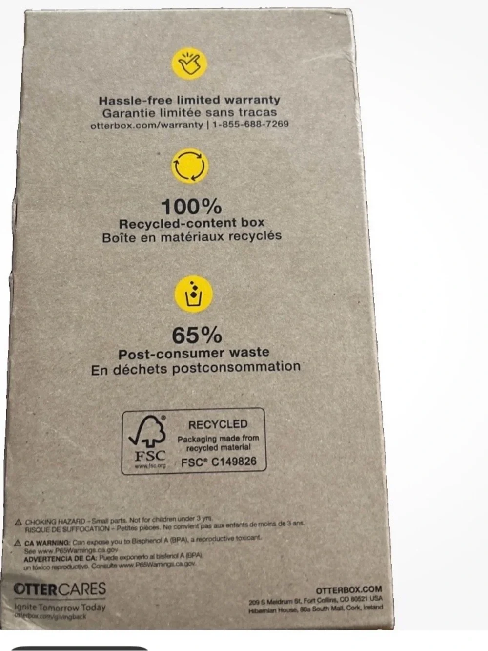 OtterBox Packaging Box with Yellow Icons on Kraft Brown